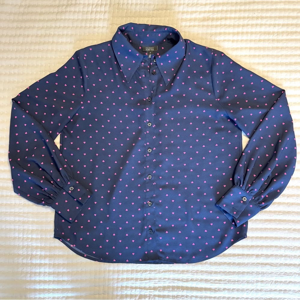 Halogen Atlantic-Pacific Navy Button-up Blouse w/Pink Hearts + Balloon Sleeves M